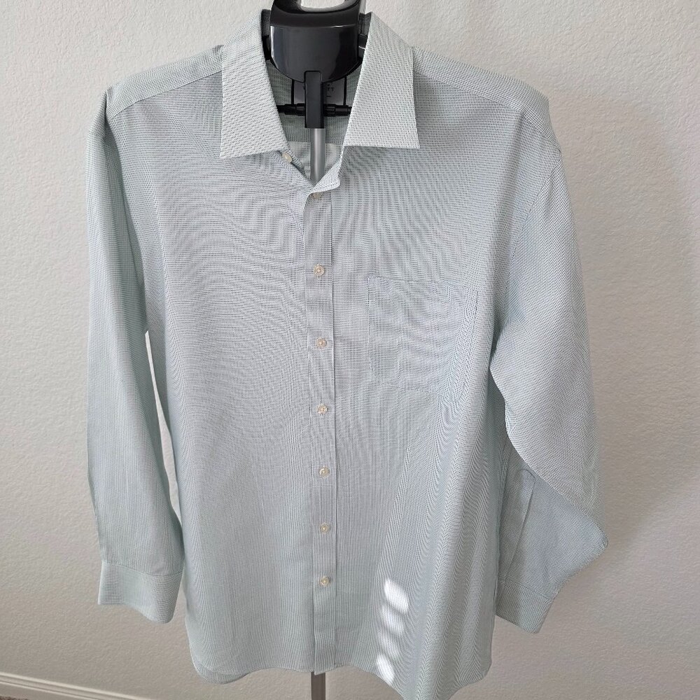 CHARLES TYRWHITT SIZE 17 1/2 GREEN AND WHITE CHECK LONG SLEEVE DRESS SHIRT